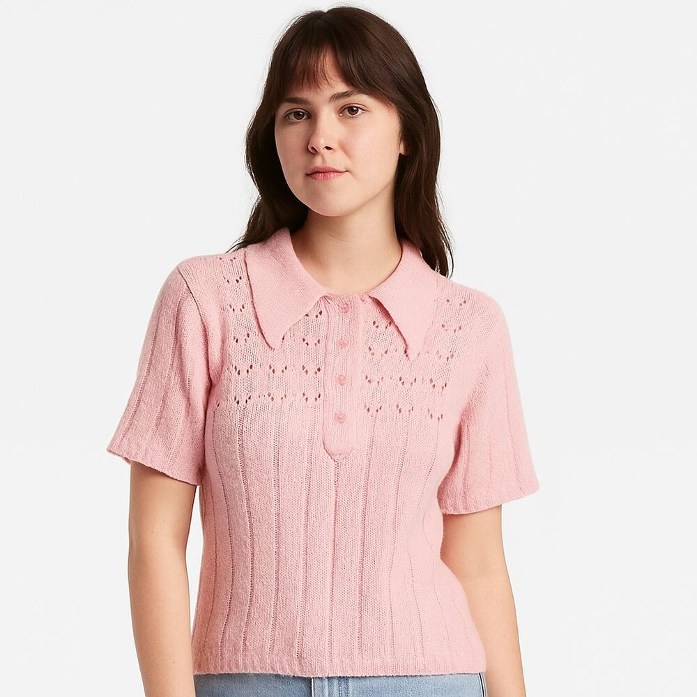 VINTAGE 70's bubblegum pink acrylic knit pointed collar short sleeve sweater top